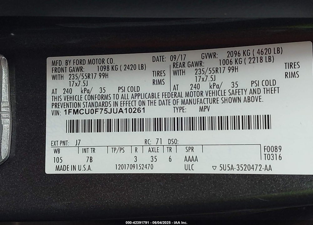 2018 FORD ESCAPE S VIN: 1FMCU0F75JUA10261
