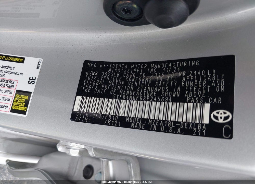 2025 TOYOTA COROLLA LE VIN: 5YFB4MDE6SP245694