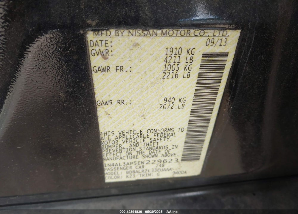 2014 NISSAN ALTIMA VIN: 1N4AL3AP5EN229623