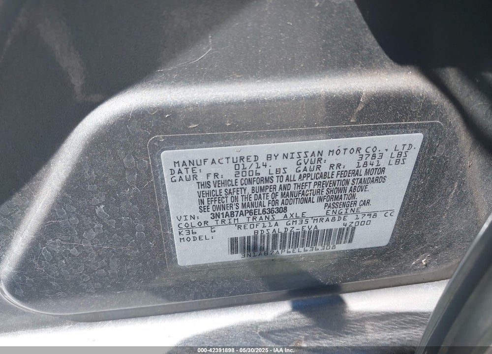 2014 NISSAN SENTRA SV VIN: 3N1AB7AP6EL636308