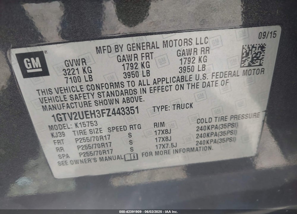2015 GMC SIERRA 1500 SLE VIN: 1GTV2UEH3FZ443351