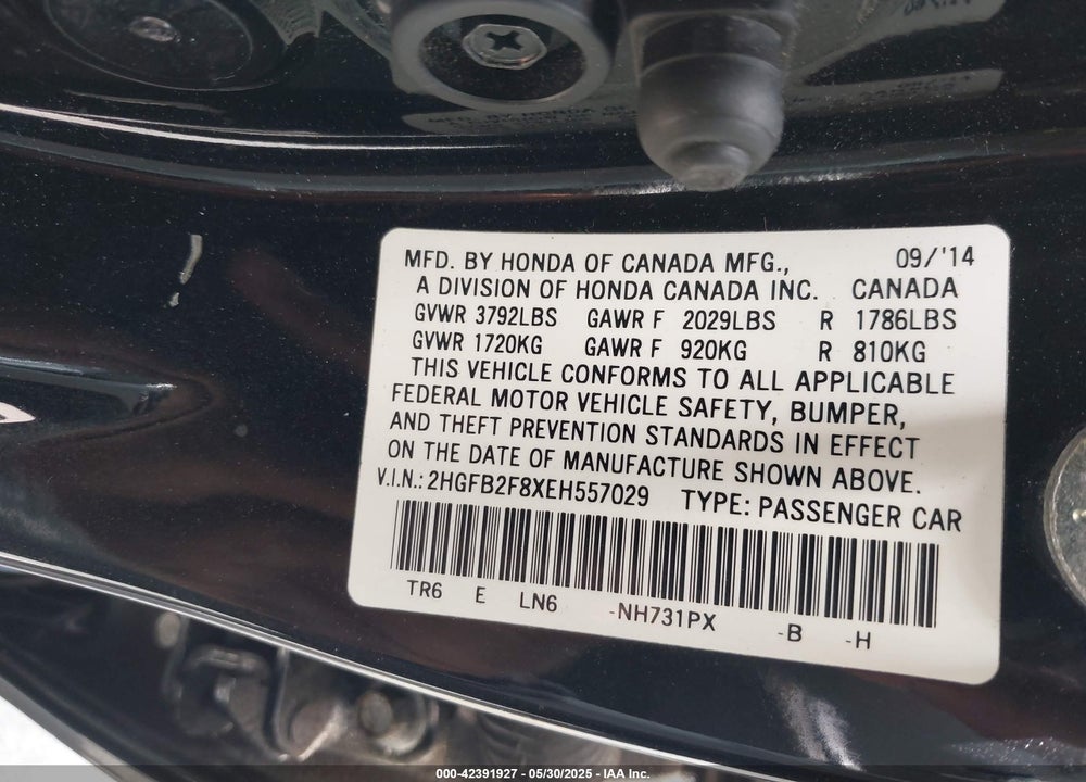 2014 HONDA CIVIC EX VIN: 2HGFB2F8XEH557029