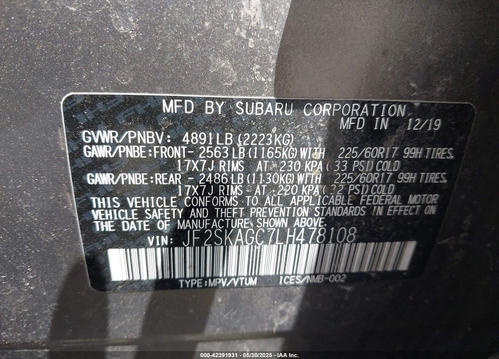 2020 SUBARU FORESTER PREMIUM VIN: JF2SKAGC7LH478108