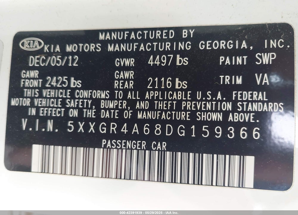 2013 KIA OPTIMA SX VIN: 5XXGR4A68DG159366