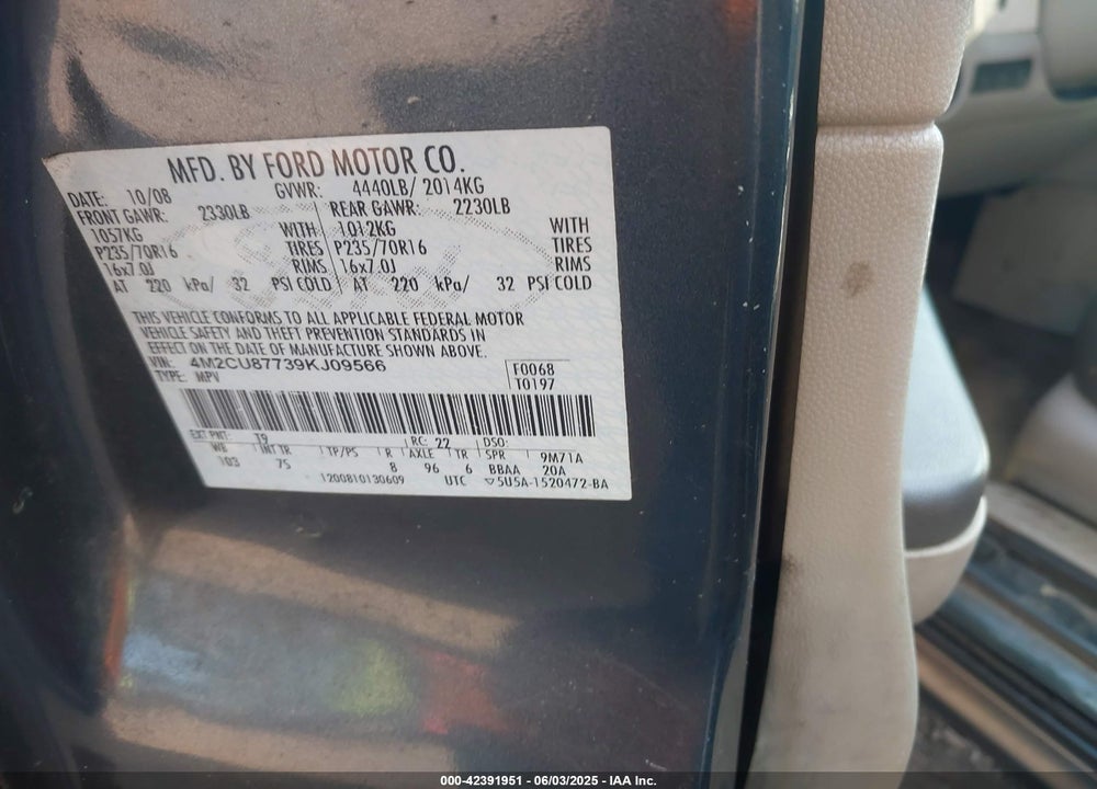 2009 MERCURY MARINER PREMIER VIN: 4M2CU87739KJ09566