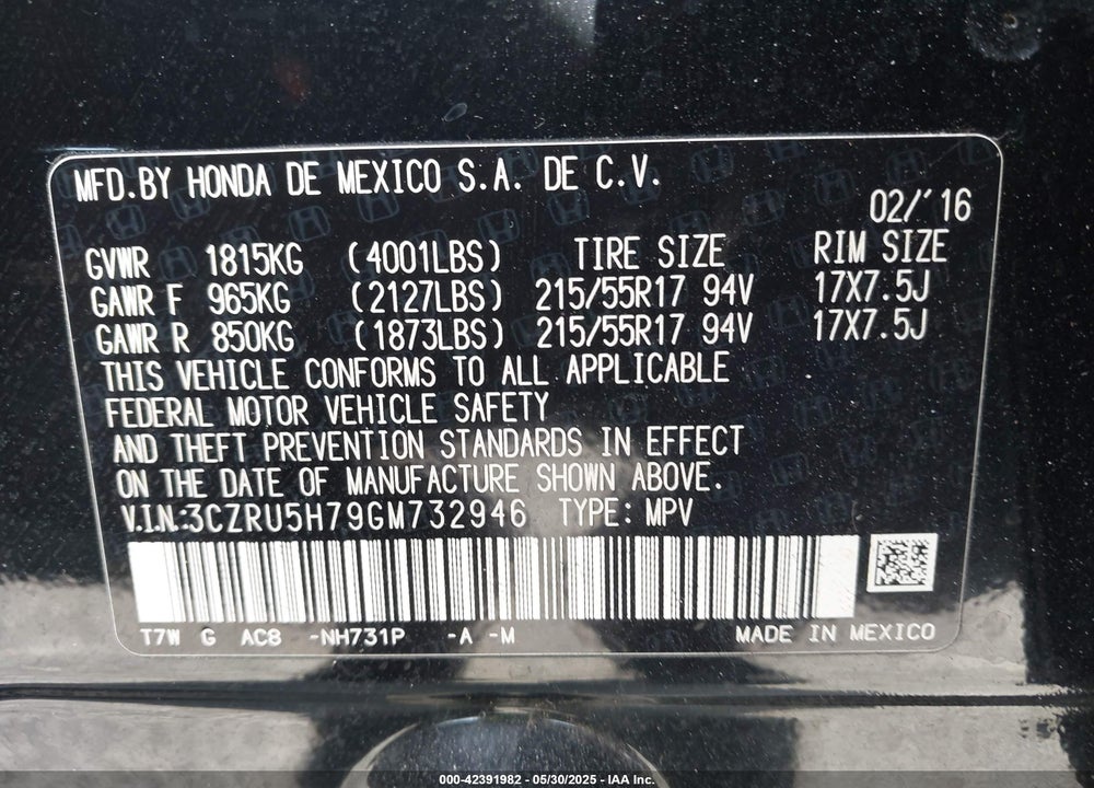 2016 HONDA HR-V EX-L VIN: 3CZRU5H79GM732946