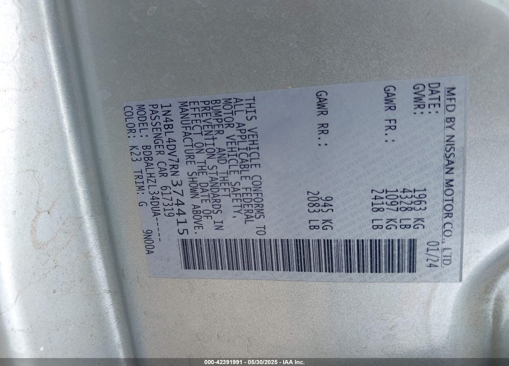 2024 NISSAN ALTIMA VIN: 1N4BL4DV7RN374415