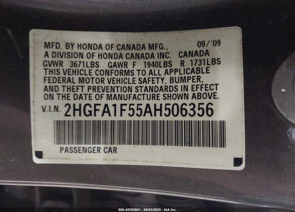 2010 HONDA CIVIC LX VIN: 2HGFA1F55AH506356