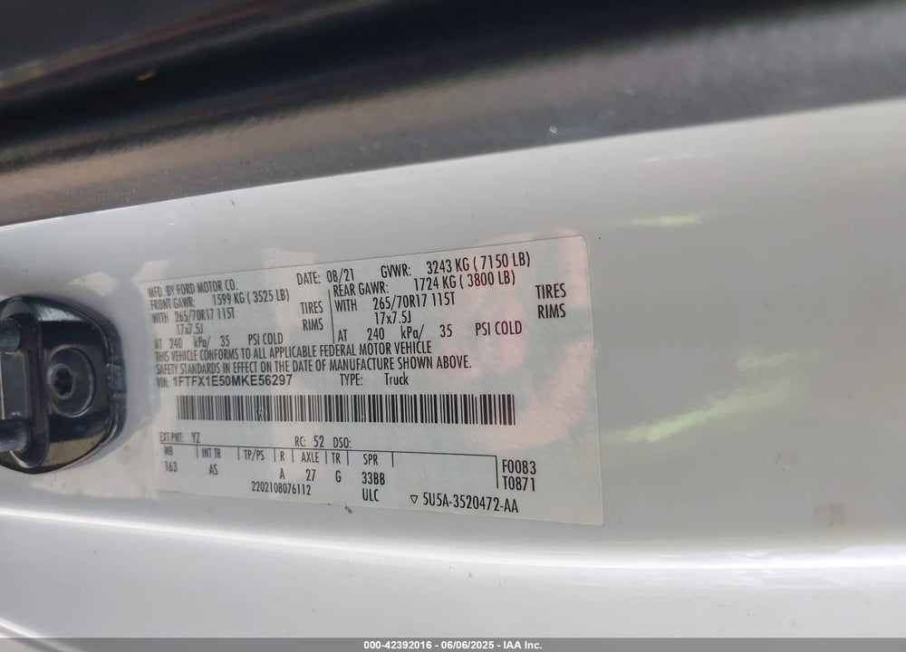 2021 FORD F-150 XL VIN: 1FTFX1E50MKE56297