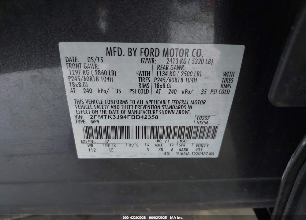 2015 FORD EDGE SEL VIN: 2FMTK3J94FBB42358