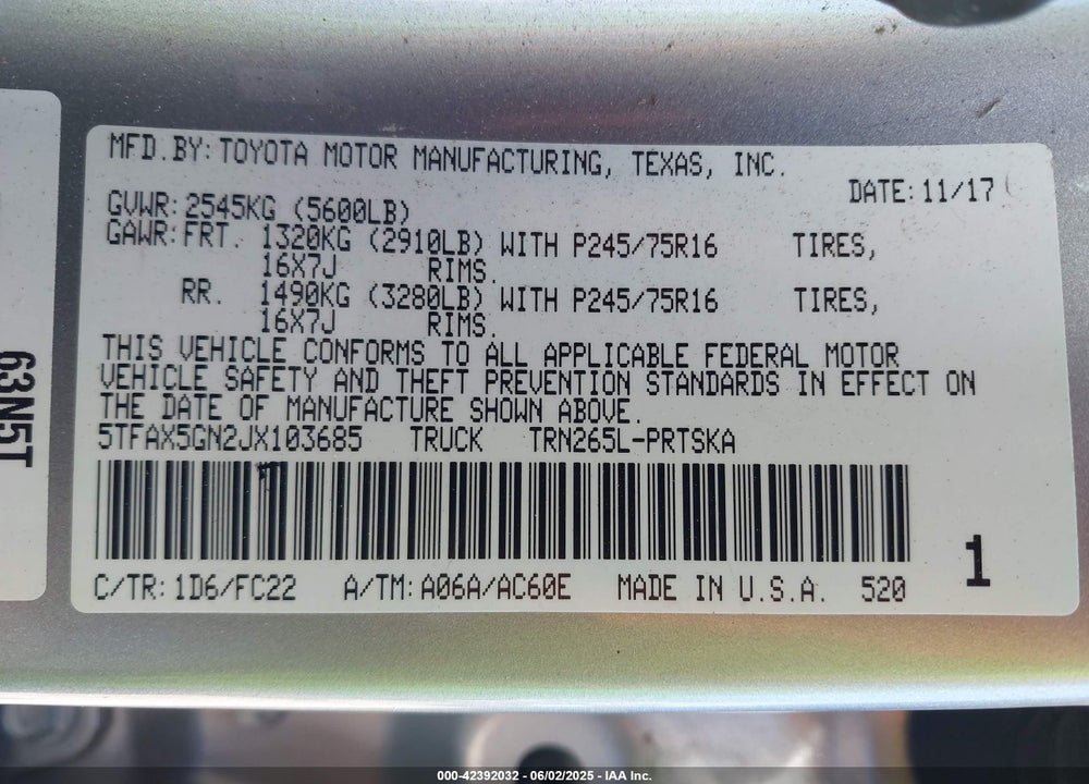 2018 TOYOTA TACOMA SR5 VIN: 5TFAX5GN2JX103685