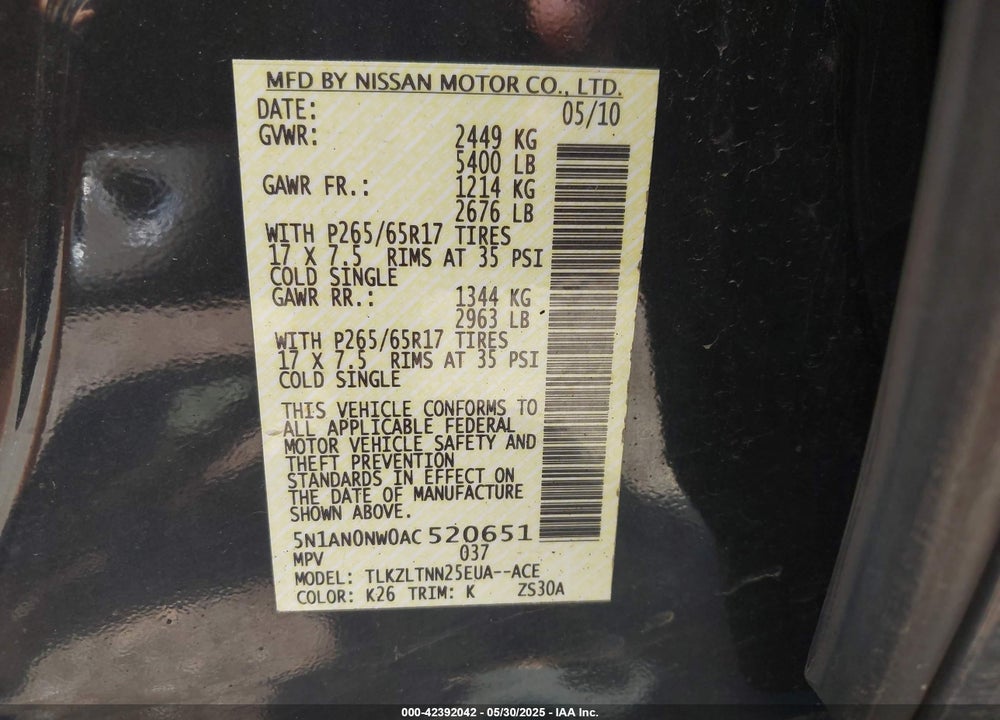 2010 NISSAN XTERRA VIN: 5N1AN0NW0AC520651