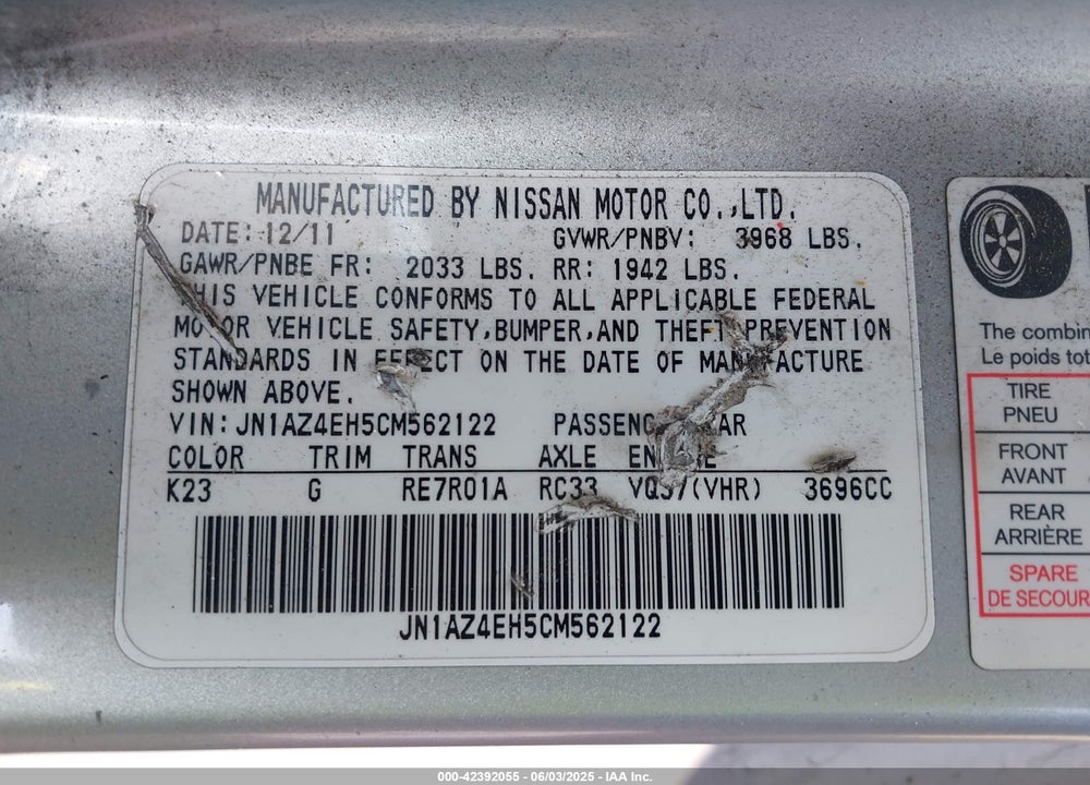 2012 NISSAN 370Z TOURING VIN: JN1AZ4EH5CM562122