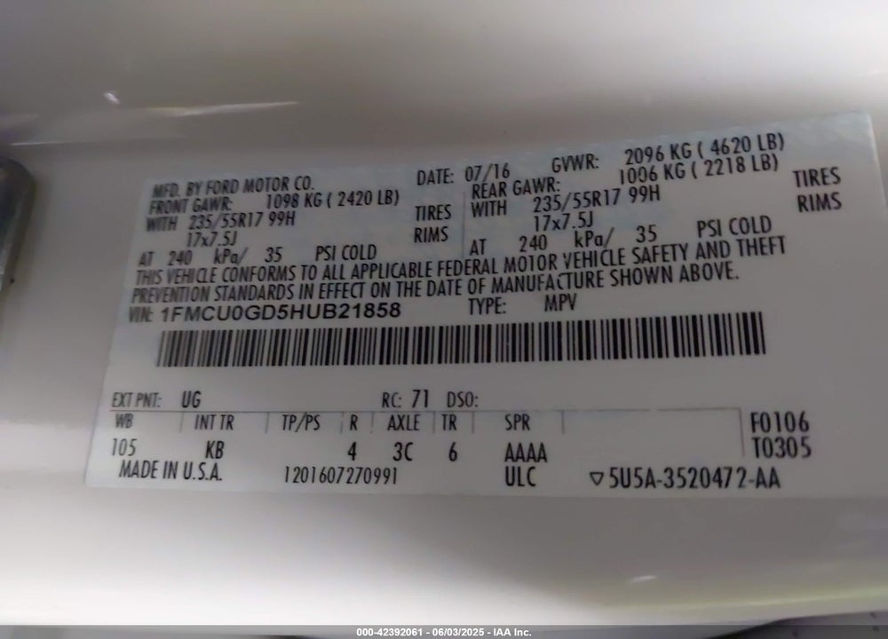 2017 FORD ESCAPE SE VIN: 1FMCU0GD5HUB21858