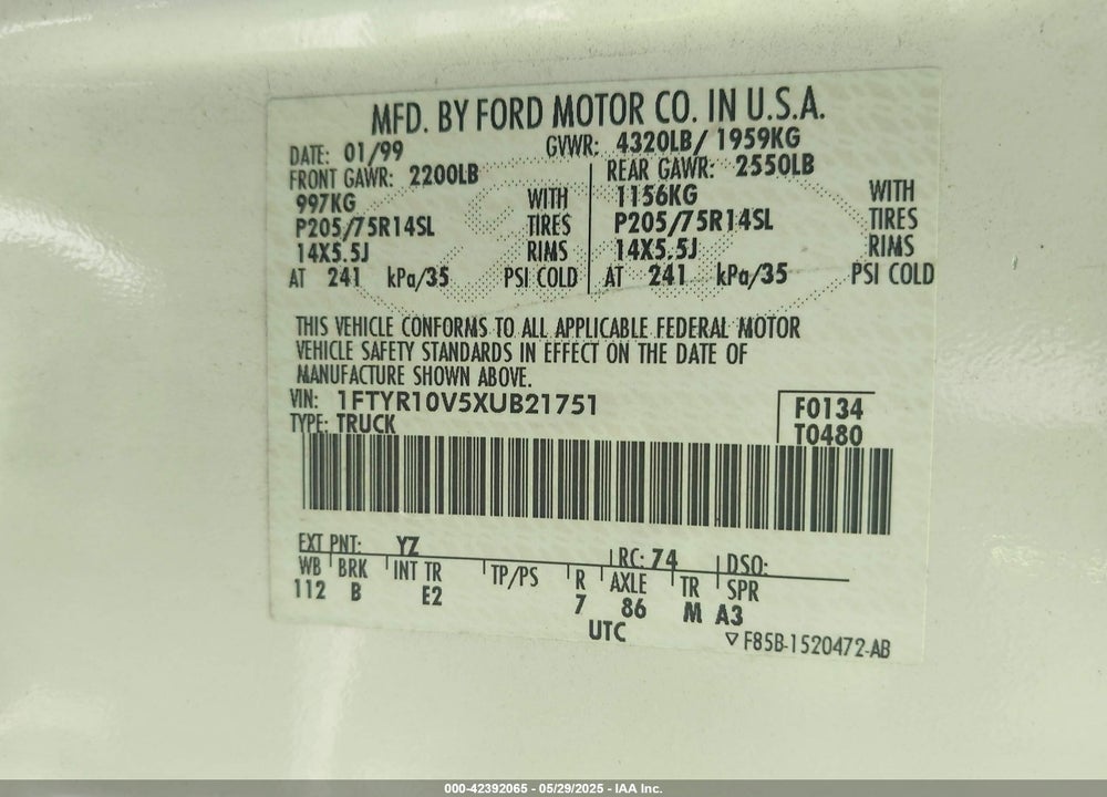 1999 FORD RANGER VIN: 1FTYR10V5XUB21751