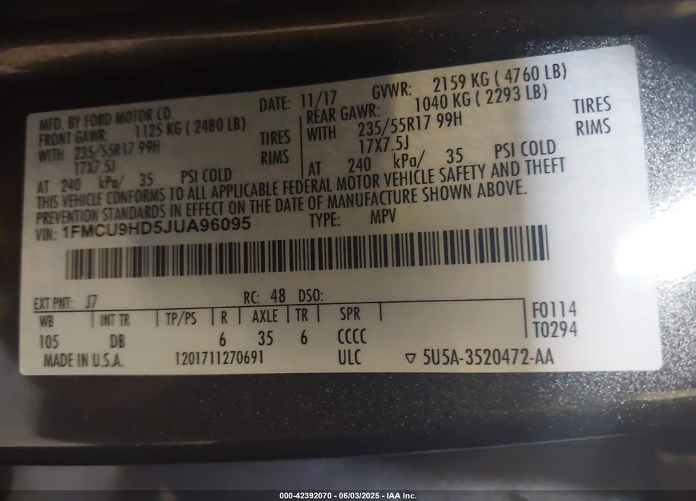 2018 FORD ESCAPE VIN: 1FMCU9HD5JUA96095
