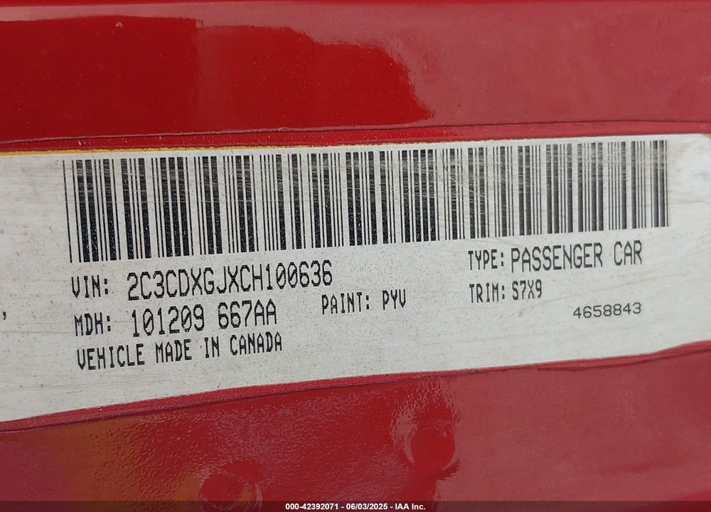 2012 DODGE CHARGER VIN: 2C3CDXGJXCH100636