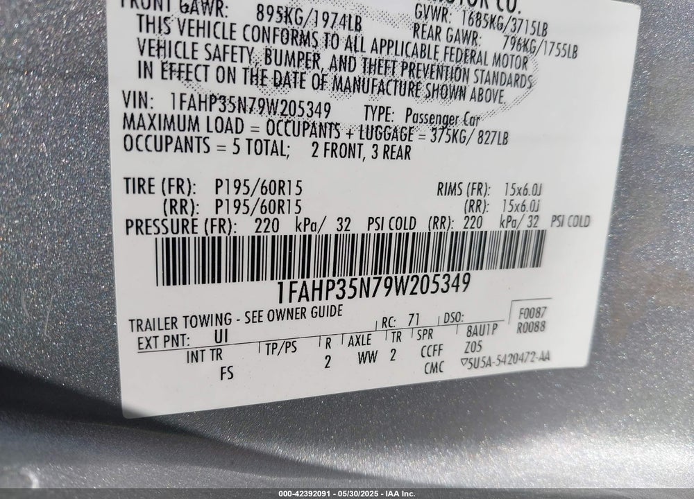 2009 FORD FOCUS SE VIN: 1FAHP35N79W205349