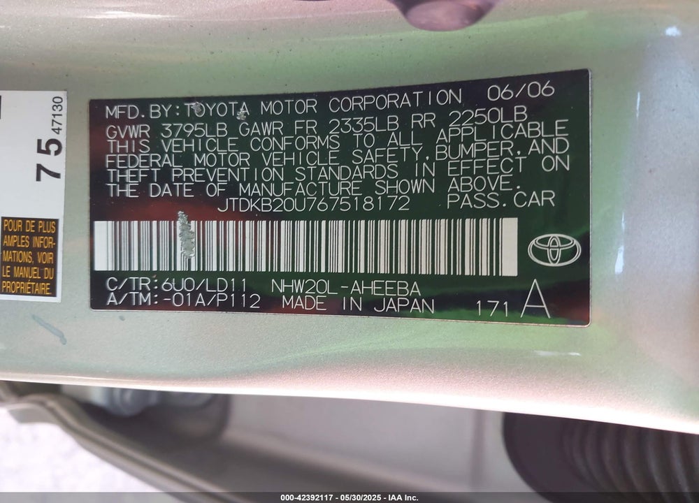 2006 TOYOTA PRIUS VIN: JTDKB20U767518172