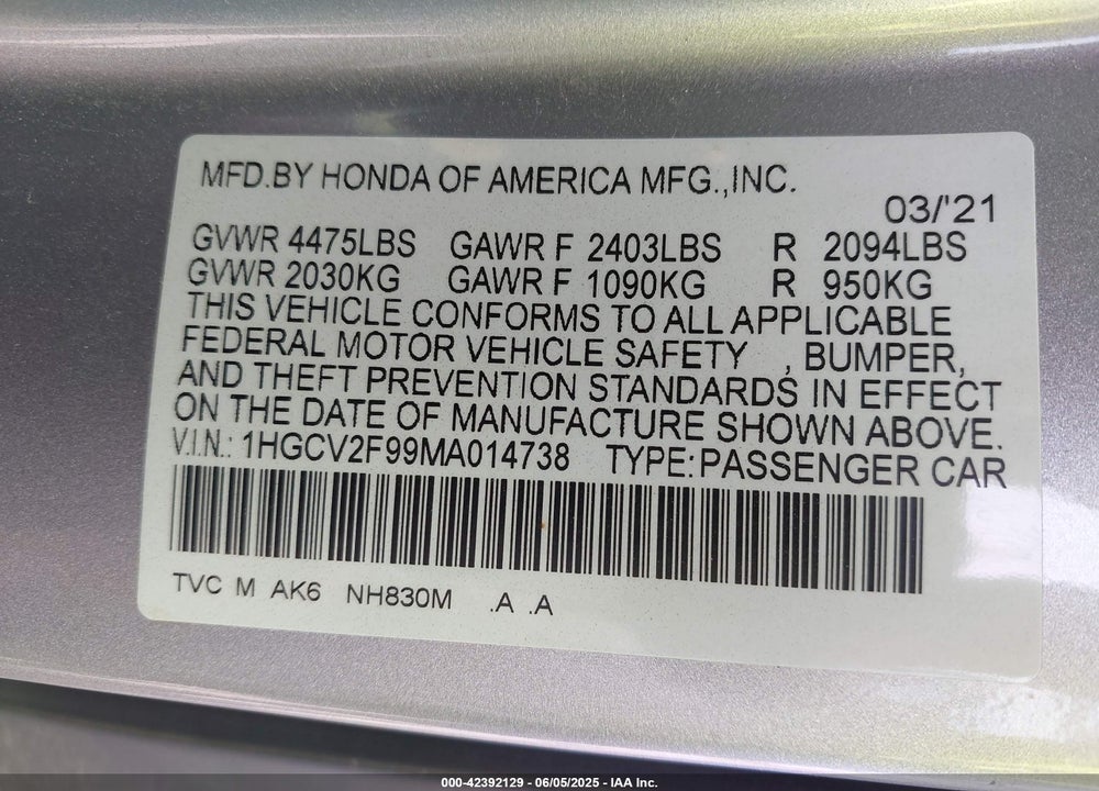 2021 HONDA ACCORD VIN: 1HGCV2F99MA014738