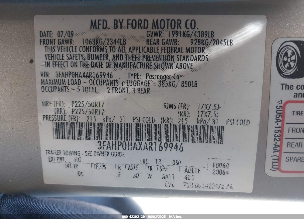 2010 FORD FUSION VIN: 3FAHP0HAXAR169946