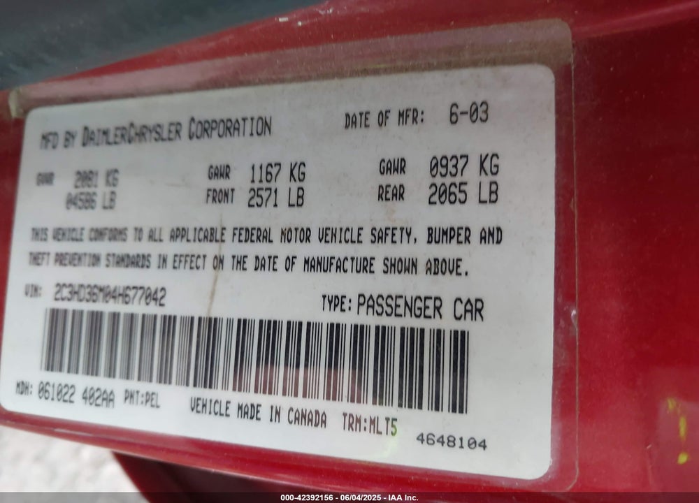 2004 CHRYSLER CONCORDE VIN: 2C3HD36M04H677042