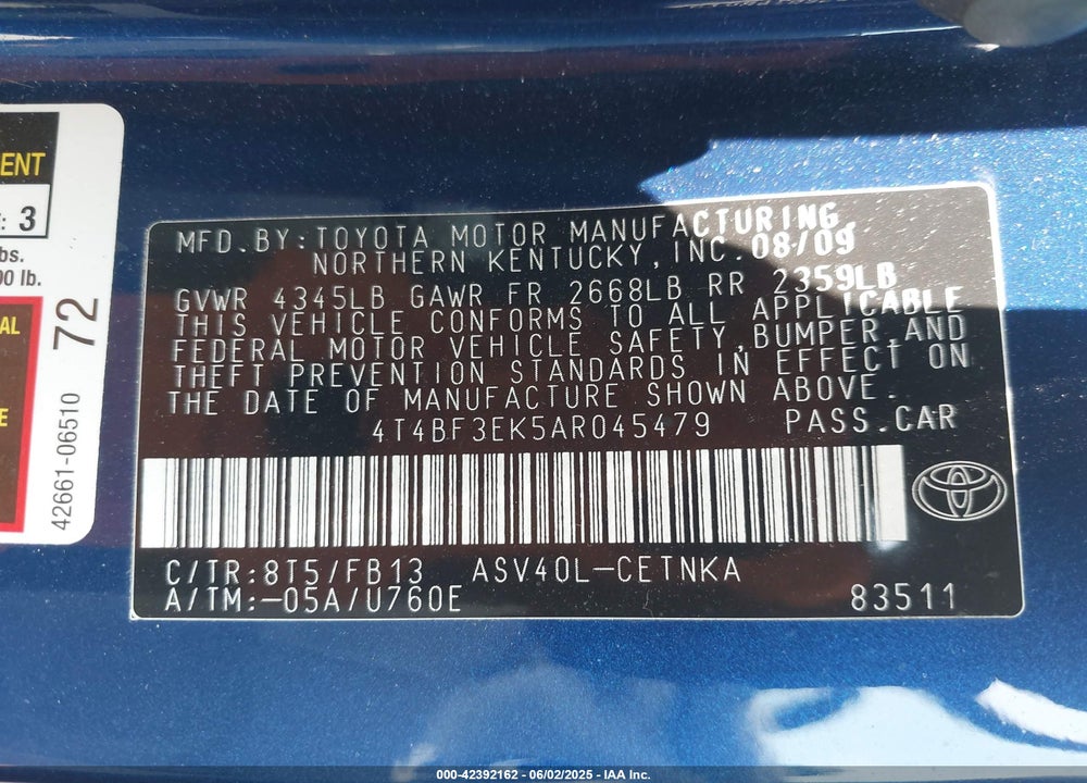 2010 TOYOTA CAMRY LE VIN: 4T4BF3EK5AR045479