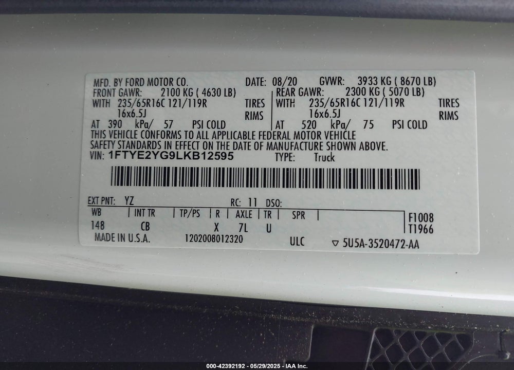 2020 FORD TRANSIT VIN: 1FTYE2YG9LKB12595