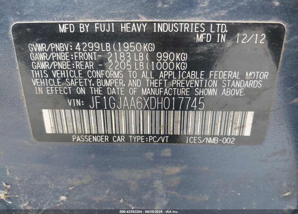 2013 SUBARU IMPREZA 2.0I VIN: JF1GJAA6XDH017745
