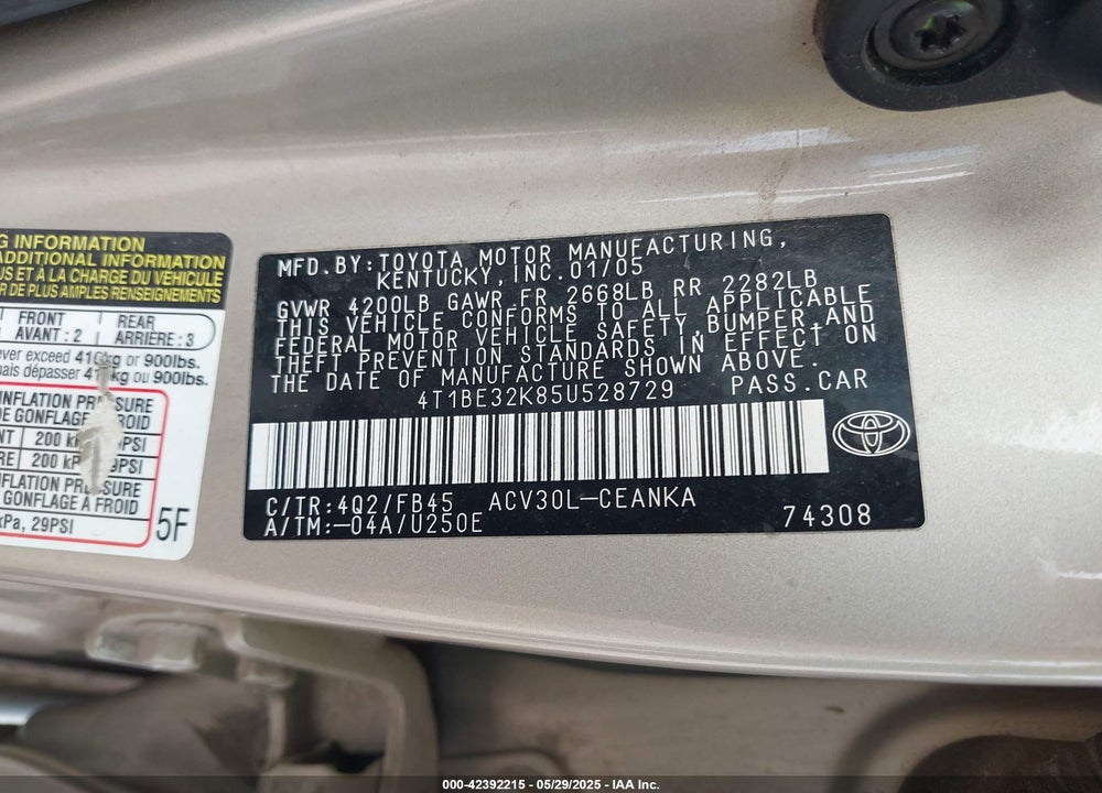 2005 TOYOTA CAMRY LE VIN: 4T1BE32K85U528729