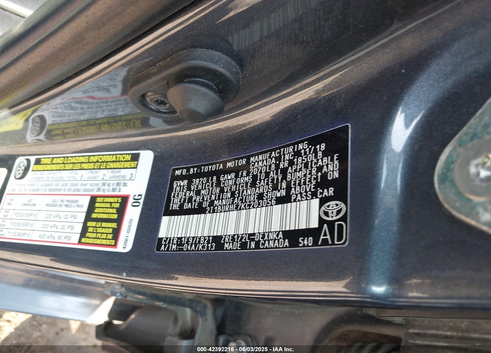 2019 TOYOTA COROLLA VIN: 2T1BURHE7KC203056