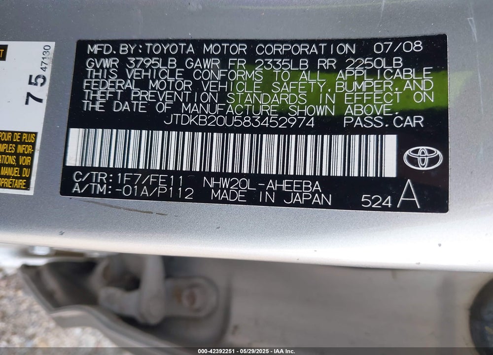 2008 TOYOTA PRIUS VIN: JTDKB20U583452974