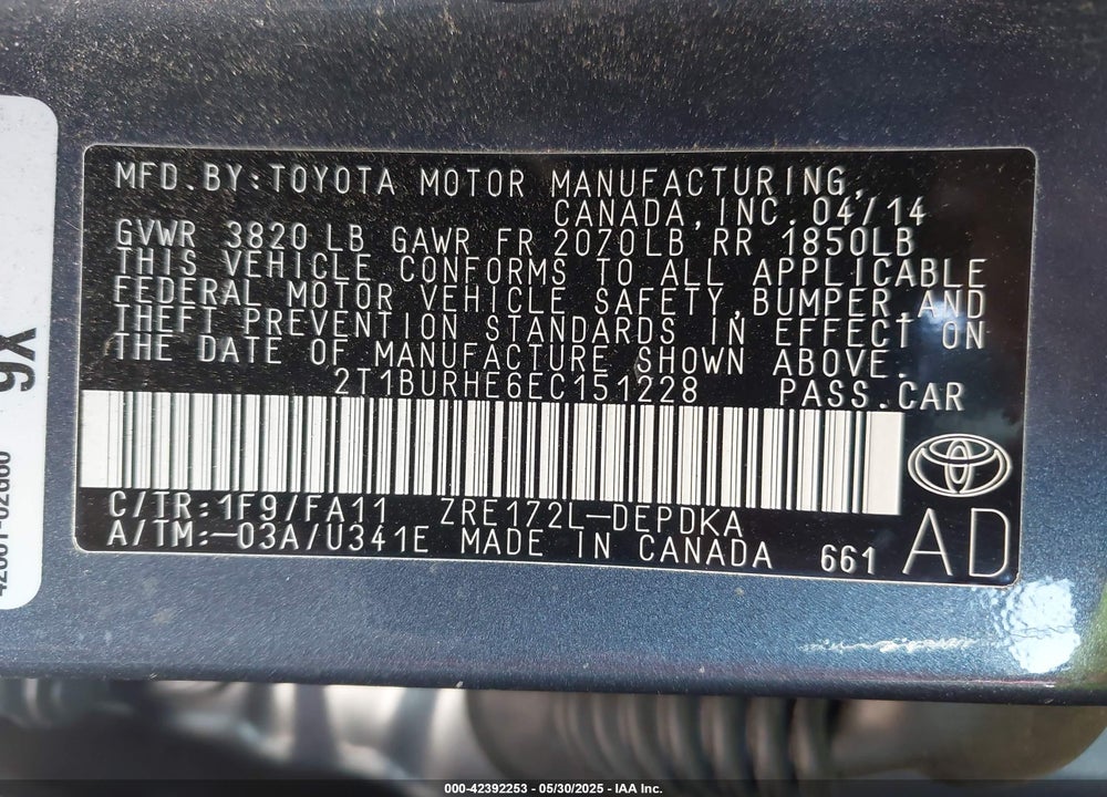 2014 TOYOTA COROLLA L/LE/LE PLUS/LE PREMIUM/S/S PLUS/S PREMIUM VIN: 2T1BURHE6EC151228