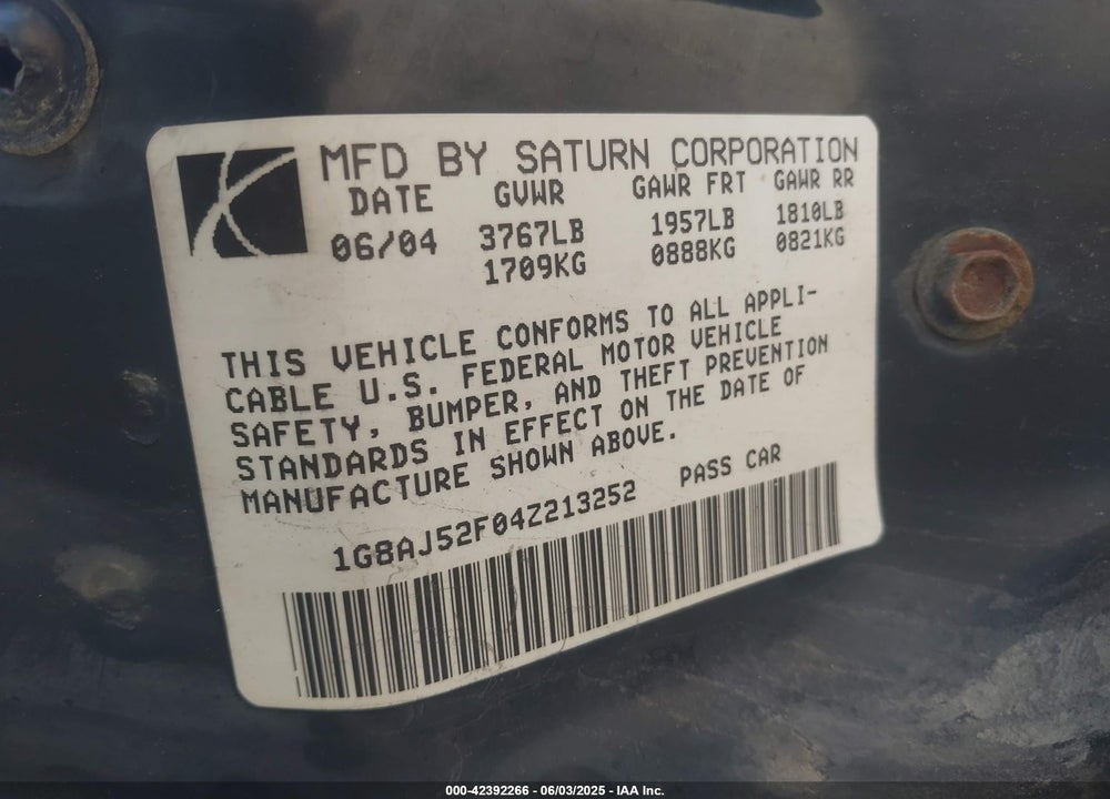 2004 SATURN ION 2 VIN: 1G8AJ52F04Z213252