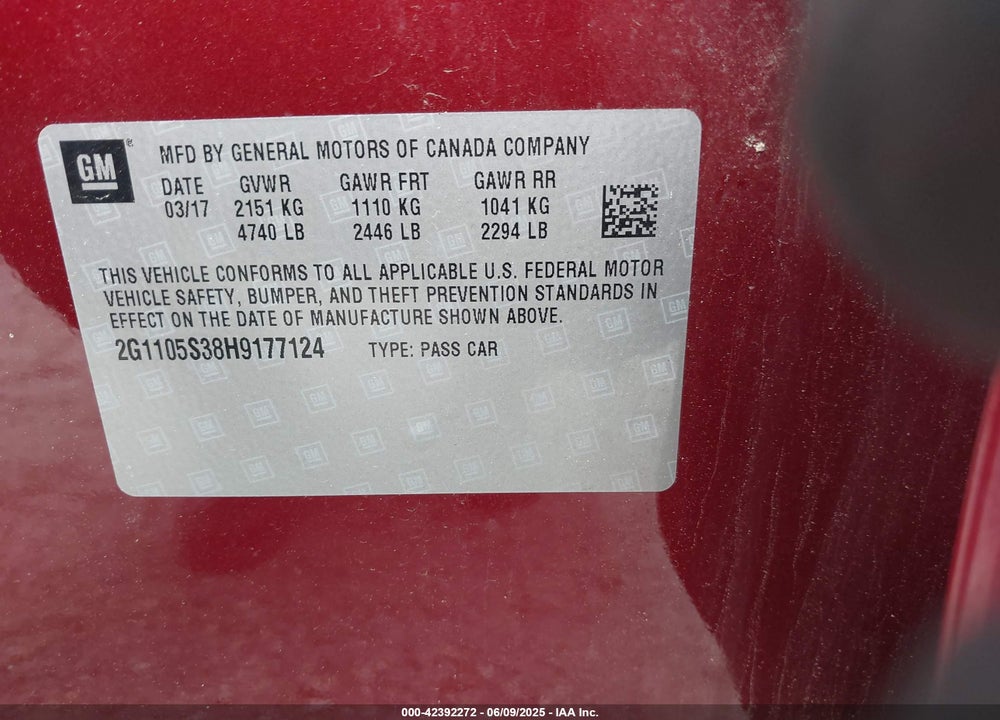 2017 CHEVROLET IMPALA 1LT VIN: 2G1105S38H9177124