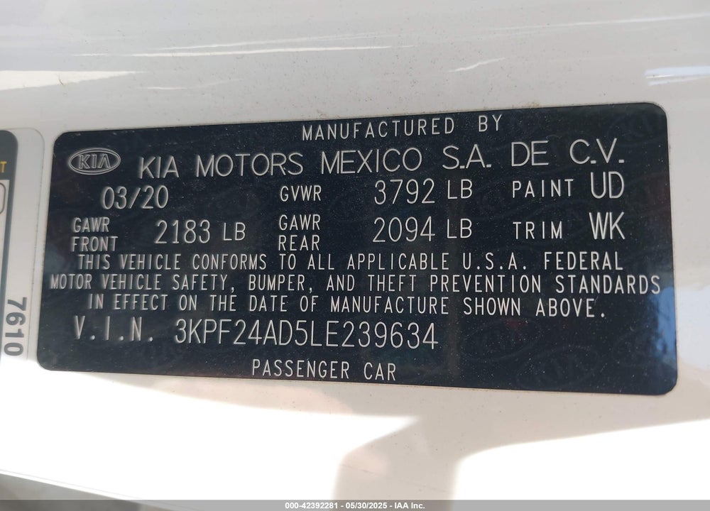 2020 KIA FORTE VIN: 3KPF24AD5LE239634
