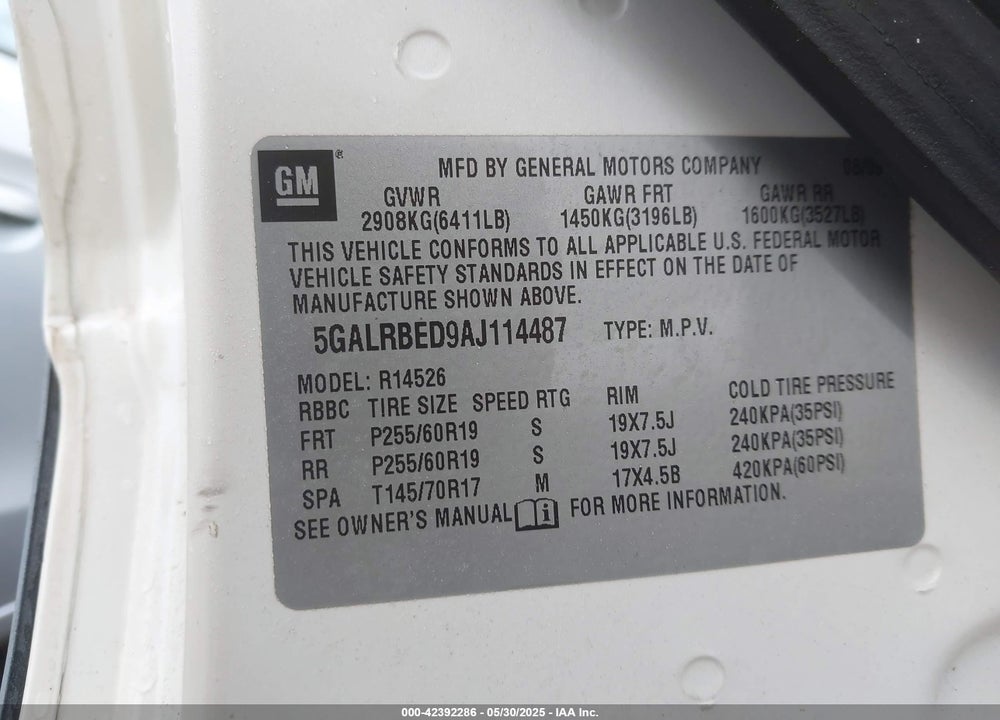 2010 BUICK ENCLAVE VIN: 5GALRBED9AJ114487
