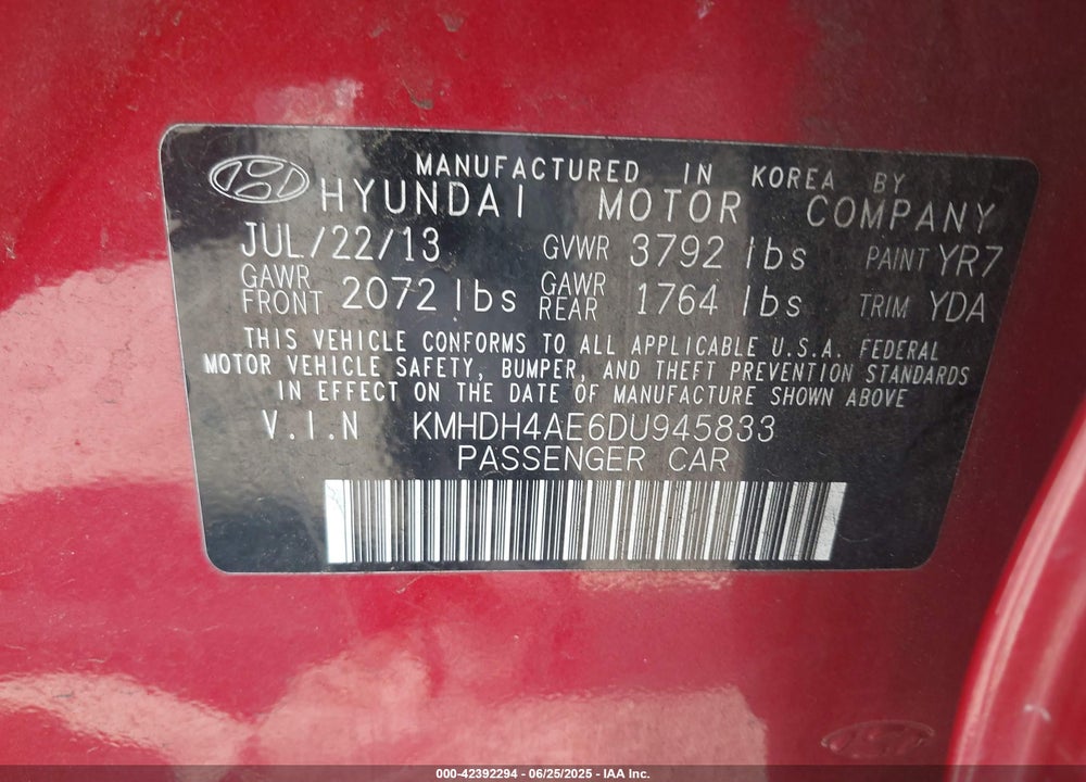 2013 HYUNDAI ELANTRA LIMITED VIN: KMHDH4AE6DU945833