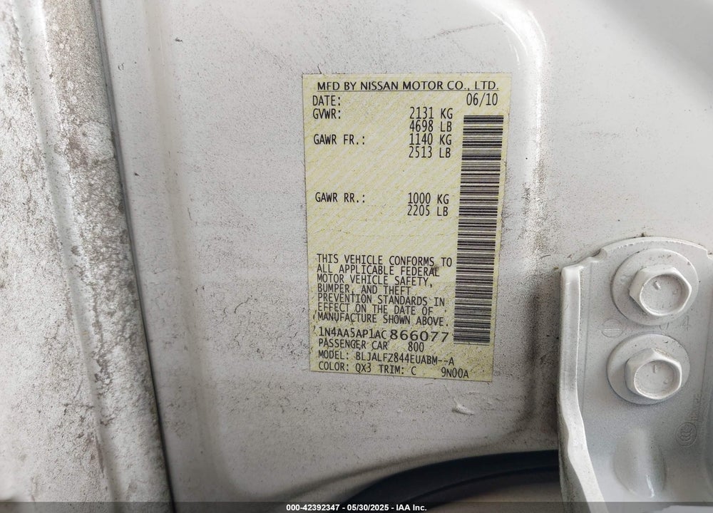 2010 NISSAN MAXIMA VIN: 1N4AA5AP1AC866077