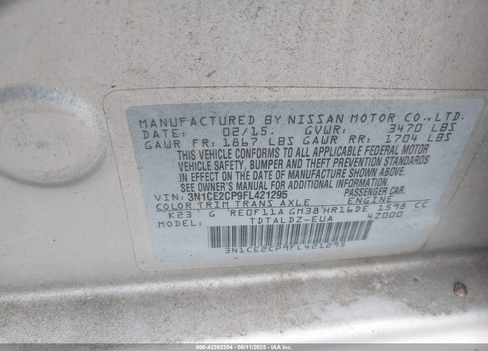 2015 NISSAN VERSA NOTE VIN: 3N1CE2CP9FL421295