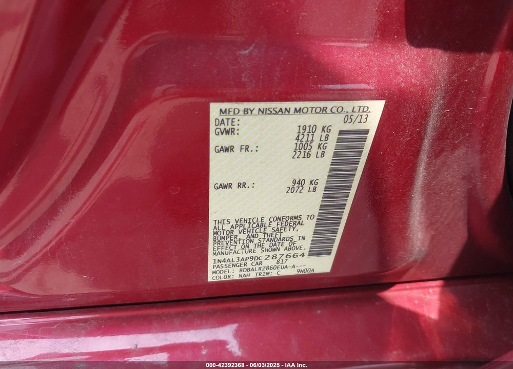 2013 NISSAN ALTIMA 2.5 S VIN: 1N4AL3AP9DC287664