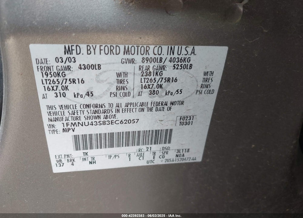 2003 FORD EXCURSION LIMITED VIN: 1FMNU43S83EC62057