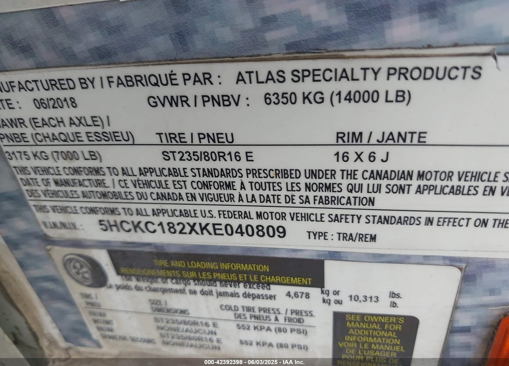 2019 ATLAS MFG CO OTHER VIN: 5HCKC182XKE040809
