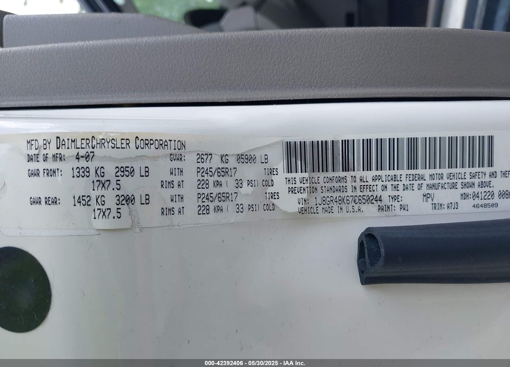 2007 JEEP GRAND CHEROKEE LAREDO VIN: 1J8GR48K67C650244