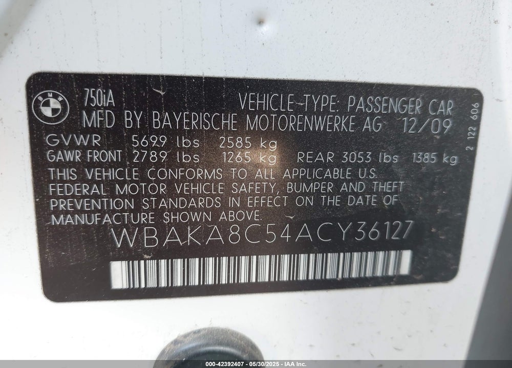 2010 BMW 750I VIN: WBAKA8C54ACY36127