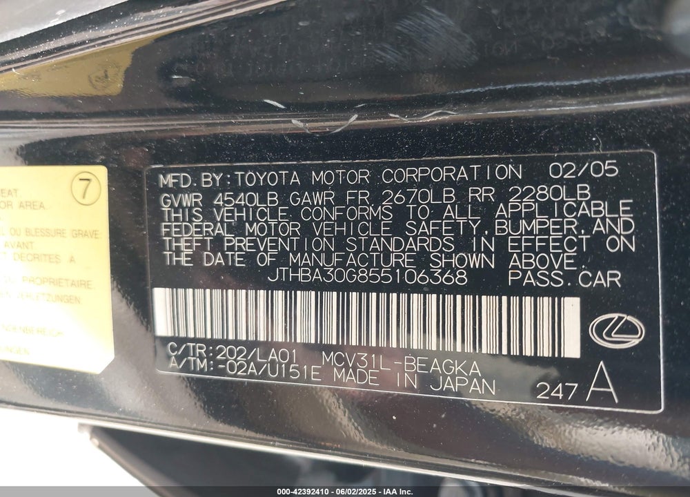2005 LEXUS ES 330 VIN: JTHBA30G855106368
