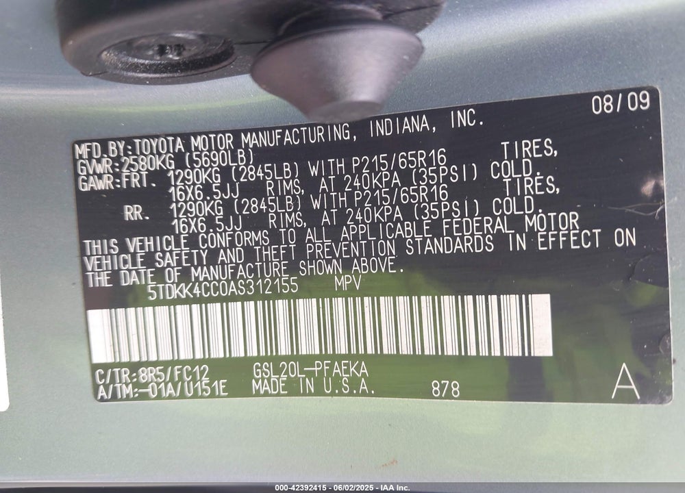 2010 TOYOTA SIENNA LE VIN: 5TDKK4CC0AS312155