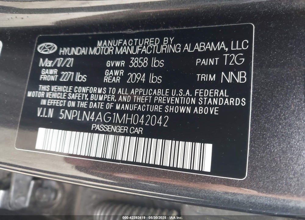 2021 HYUNDAI ELANTRA VIN: 5NPLN4AG1MH042042