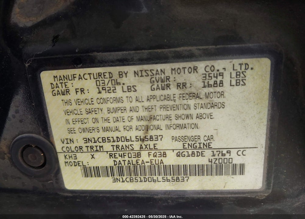 2006 NISSAN SENTRA VIN: 3N1CB51D06L565837