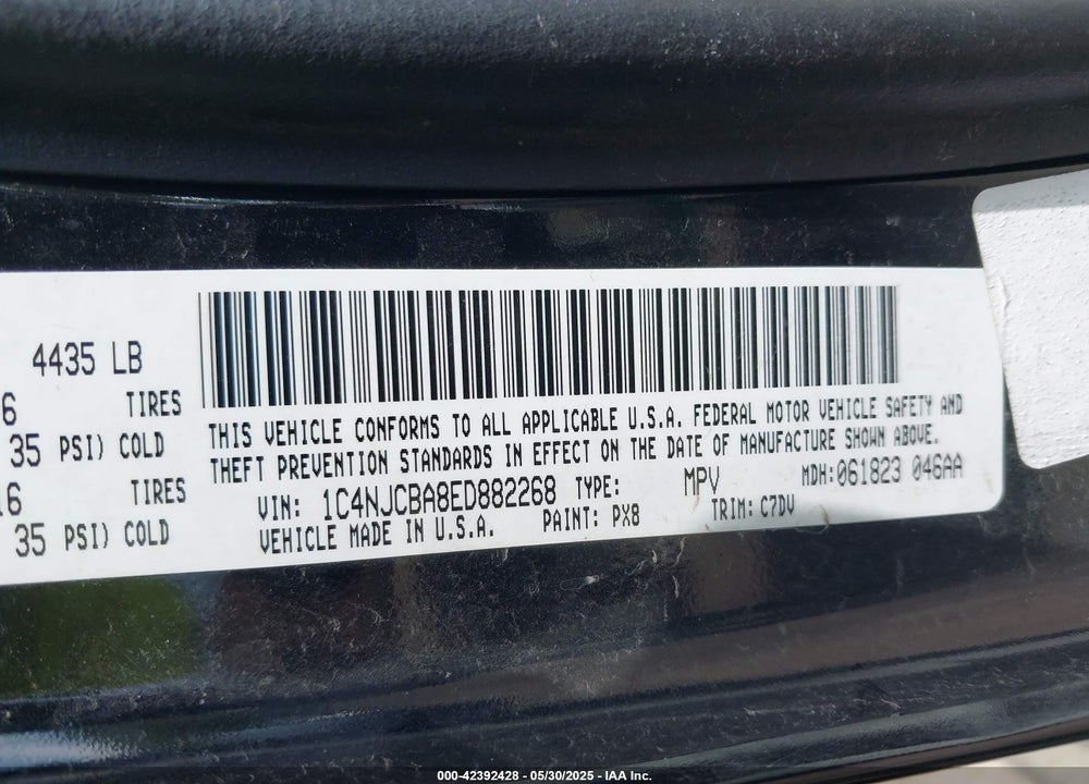 2014 JEEP COMPASS SPORT VIN: 1C4NJCBA8ED882268